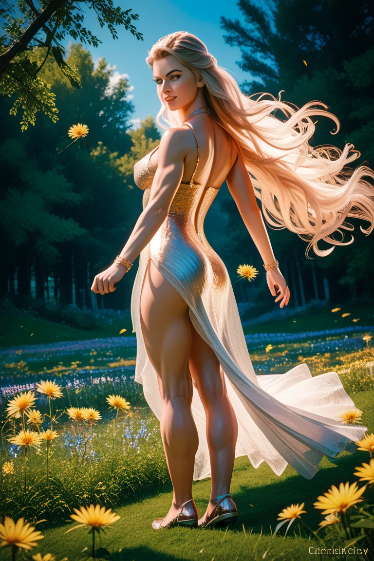 Full body view of a instagram model photo full body ((full body rear shot )) ,full body view (( rear view ))((sexy nude )) (( wearing red 12inch high heels )) ( not looking at the camera)) (( white blond long hair)) (( detailed beautiful face, full lips, detailed eyes, detail noise, long eyelushes)) soft skin , masterpiece (( wearing flower crown dancing in the rain)) (( acient garden scene, rainbow )) forest dense scene, bright light, hd, 8k