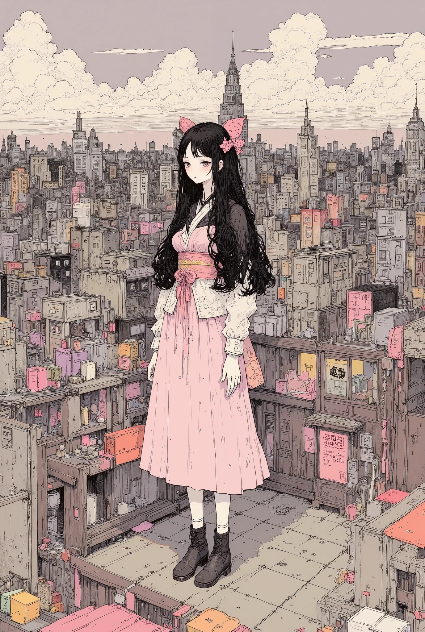 Anime girl standing on a ledge in a city with a cityscape in the ...