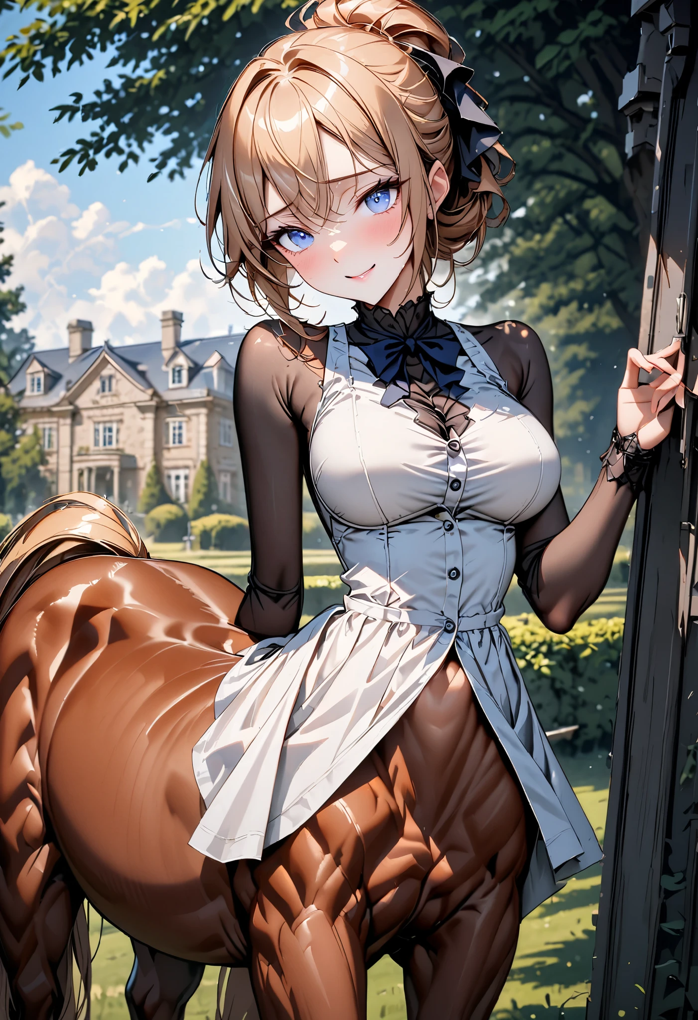 solo, solo, female, centaur, large breasts, thin waist, shy, intelligent, student, Chestnut brown fur, cherry blonde hair and tail, gentle, smile, rural estate, wealthy, close up, horse body, horse legs, centaur, centaur, Victorian, centaur girl, very tall, long straight hair, tied hair, white sundress, simple dress, , close up, steel blue eyes
