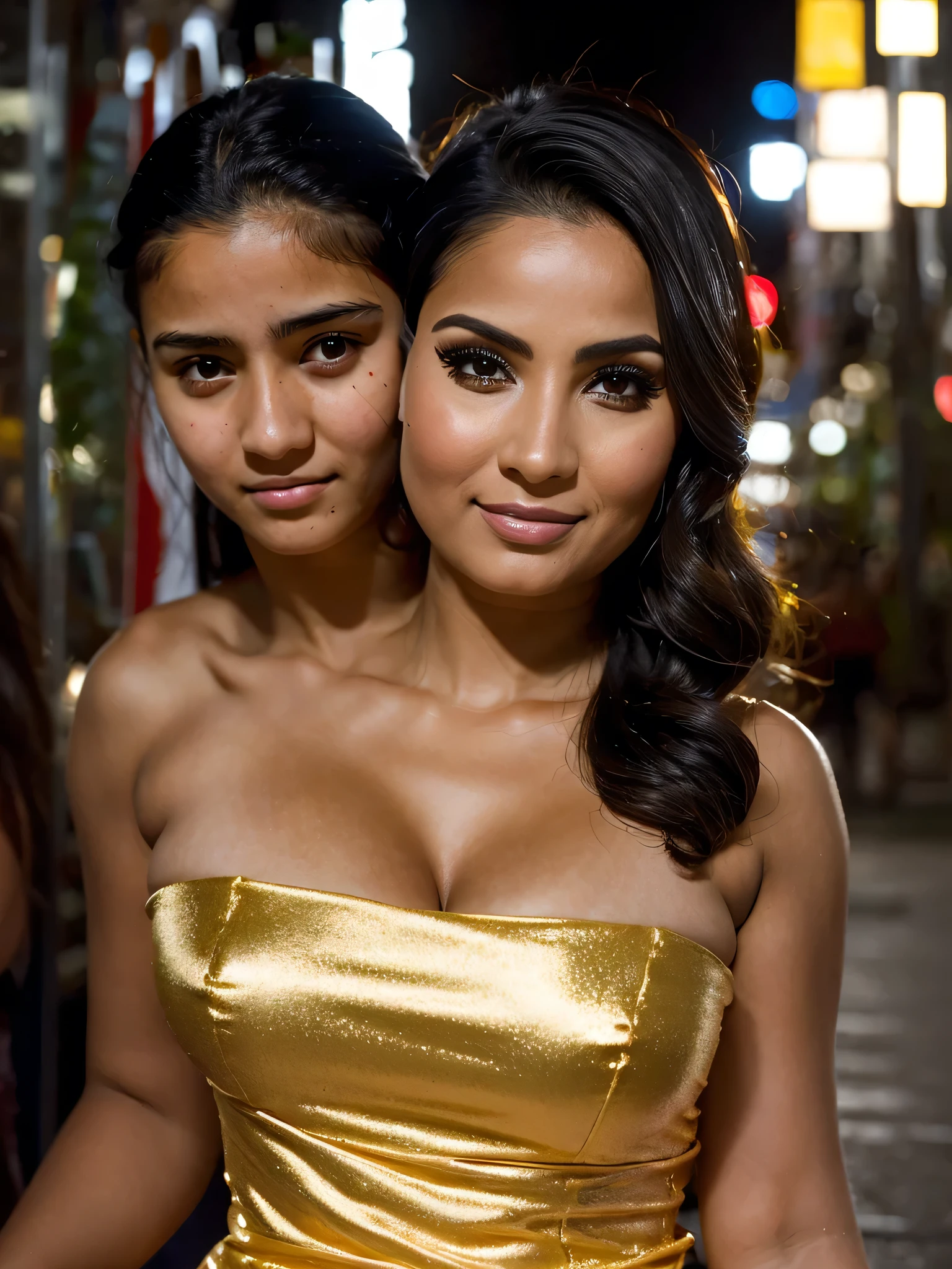 Isabel Merced, group of girls in summerdresses (long bob_cut hair), enjoying the nightlife of greece, smiling, (kissing:1.2), (skin texture:1.1), (high detail face:1.1), full bodyshot, high detail body, high detail clothes, (big breasts:1.3),(masterpiece), (realistic), ultra high definition, 4k, ultra high resolution, cinematic lighting, rim lighting, photo by Arny Freytag, RAW image