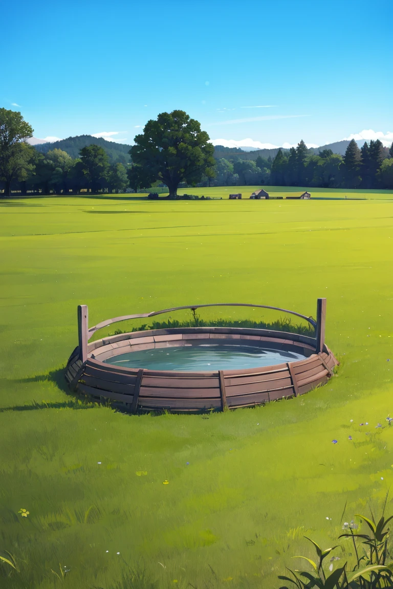 empty field ,  grass, a well on the grass