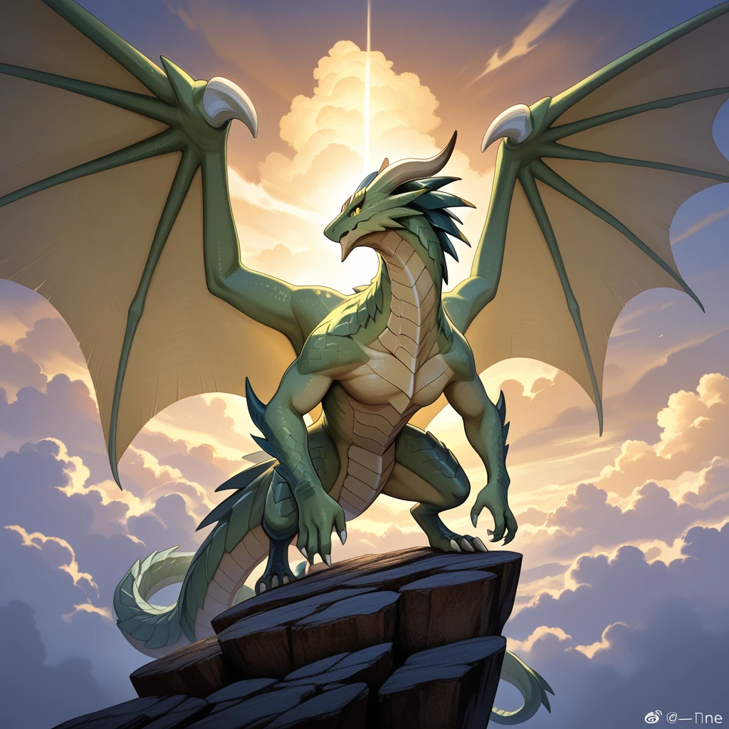 Green dragon with flaming wings exhales fire on top of a cliff. The Flaming Dragon breathes fire, volcanes, respirando fuego. energy elements, aura, Onda, particles, and harmony.