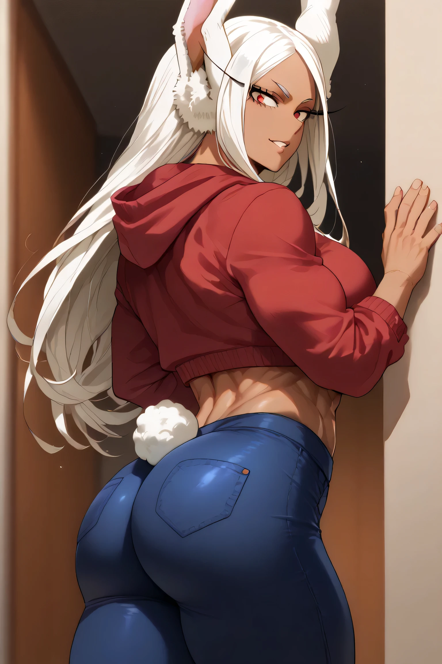 rumi usagiyama, long hair, animal ears, white hair, dark skin, rabbit ears, dark-skinned female, muscular, rabbit girl, muscular female, red eyes, parted bangs,
Cropped hoodie , hot pants, ass turned to the viewer , big ass , big tits , bedroom