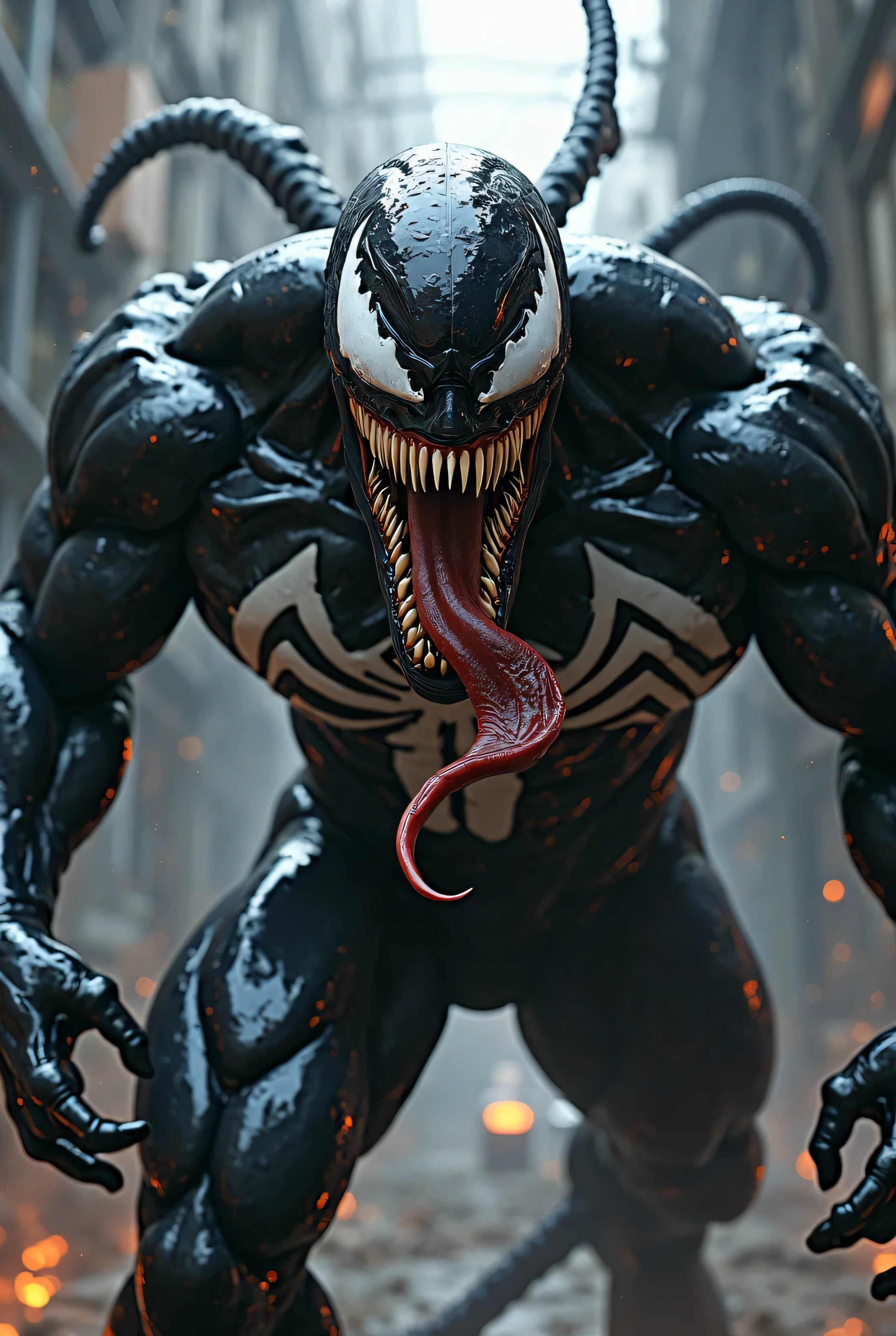 Venom Marvel's universe super hero original costume glossy finish fire flames in suit muscler body angry pose cyberpunk futuristic venom distorted city