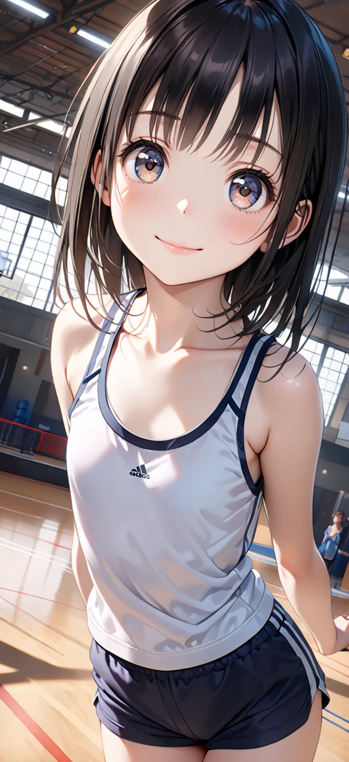 (Highest quality:1.5, High resolution, uhd, 4K, Detailed lighting, Shaders), ((Kugisaki Nobara)) ,solo short hair Brown Hair Brown eyes Cool face ((Volleyball Uniforms))++ Realistic gym Sweat Super oily skin Beautiful Abs Preparing for exercise No ball No sleeve Cowboy Shot