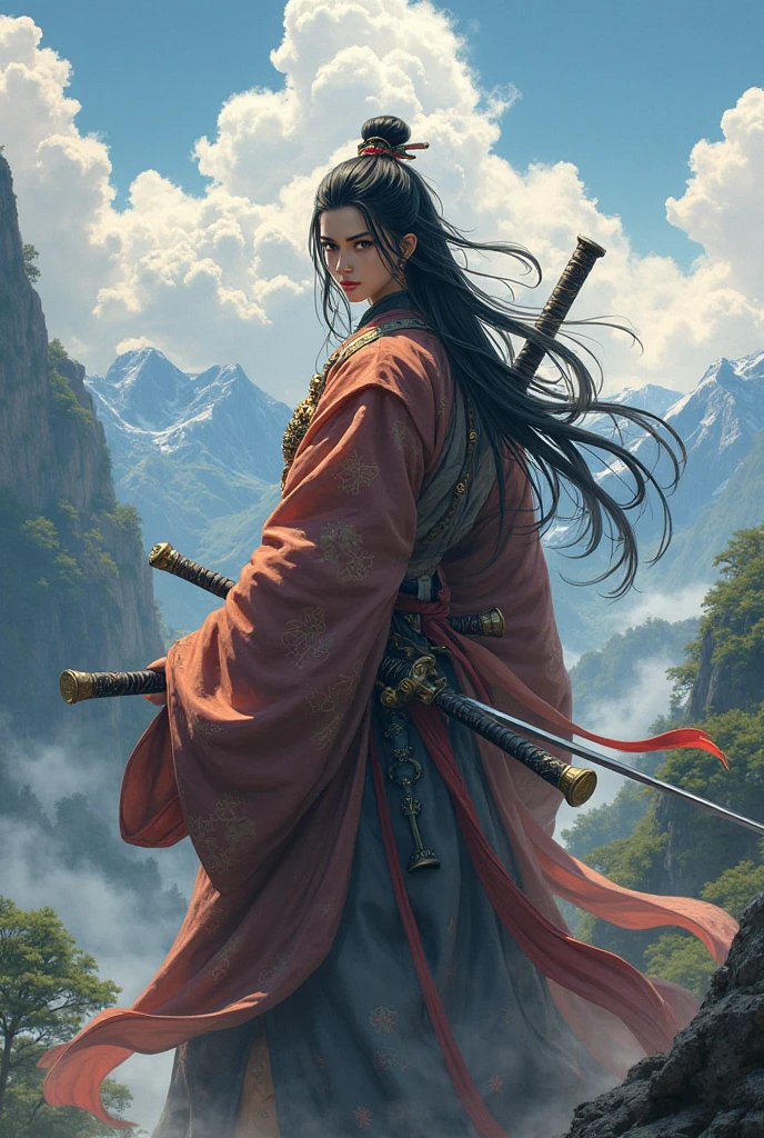 Ultra HD,Masterpiece , Junji Itō ,best quality, high resolution ,8 thousand,High detail ,(of a guy:1.6), Perfect Face, Long black hair ,Ancient Chinese hair accessories,Blonde accessories,(Facing the camera:1.4),(holding a sword:1.5),Hand-held scabbard,Ancient Chinese robes,martial art,outlaw star,Bugu,蹿,with a dragon on the back,chinesedragon,patron saint of,The background is mountains and trees, mountain ,kiosk,pines,Bright sky,baiyun,mostly cloudy sky,dragon,,Ancient oriental architecture,ancient buildings of China,