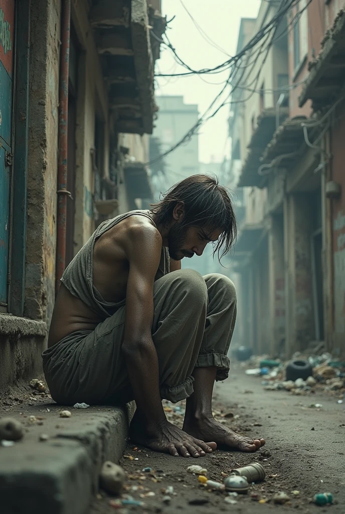Thin Iranian man, muscular and very hairy in dirty white underwear, sitting on the floor of a bus terminal, asking people for money.