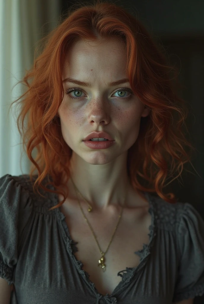 woman in electric chair, bound to electric chair, restrained, restraints on wrists, heavy bondage, electrodes on body, wires, woman being electrocuted, dying, convulsing, panicked, struggling, tense, muscles tense, execution, spanish woman, short ginger curly hair, blue eyes, coils, young, naked, septum piercing, dimples, freckles, thick belt around neck, naughty expression, close-up, UHD, retina, masterpiece, accurate, anatomically correct, textured skin, super detail, high details, high quality, award winning, best quality, highres