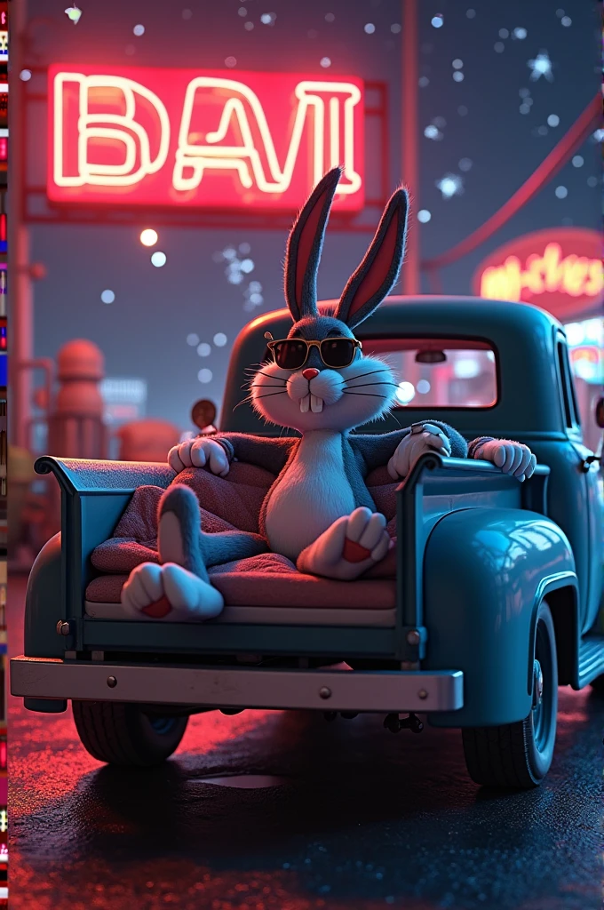 A rabbit with sphere shaped face and redish eyes and with six pack abs that rabbit will sitting on Mahindra Thar and that colour is black and background with neon lights and sky is in light blue color and that rabbit contains bottom with a jeans and shoes