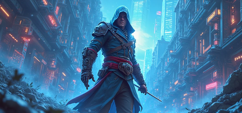 An award winning master piece photo of a riped lean man, assassins creed clothes(Eizo), detailed cape, shoulders uncovered, big shoulders, standing in a roof at night in the rain, moon on the sky ,neon-colored buildings, 8k, (high quality:1.1), (cinematic feeling:1.1), dark deep shadows, incredibly intricate detailing, art , (up close:1.1), from above, looking at viewer, (light sparkles:1.1), (chromatic aberration,:1.2)