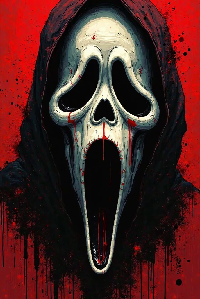 a ghostface mask,akira toriyama art style,vector t-shirt design,dynamic expressive lines,bold sharp contours,exaggerated features,dragon ball z inspired elements,energy auras,dramatic shading,dark tones vibrant highlights,horror ghostface,energetic detailed style ((more detail, enhanced, pó all))