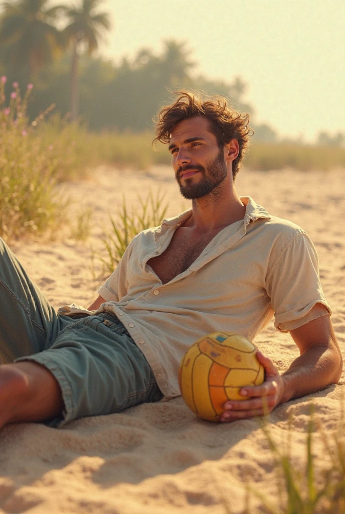 Man eating sand on the beach, he has sand in his mouth