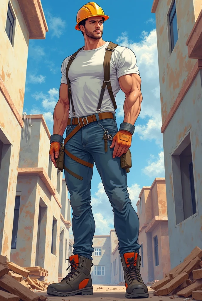 1boy, sexy middle eastern man standing in the middle of a suburban street, shirtless, armor strapped on, destroyed pants, gun, combat boots, (Fallout), (crumbling 1950s Americana suburban neighborhood), midcentury modern homes, (white picket fences, grassy front yards, broken decorations), smoke in distance,