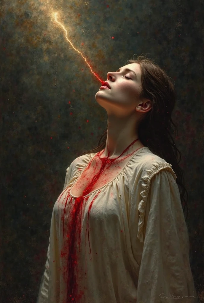 painting of a pale cold-blooded woman, hands elbow-deep in blood, blood dripping, sun glare on face, dark atmosphere, cinematic scene, volumetric lights, ultra realistic, in the style of nicola samori