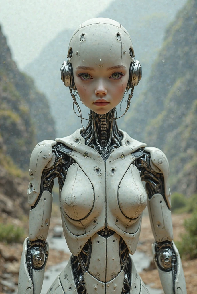 A photoreal crystal clear film still of a KAMILLA RODRIGUES ALMEIDA look a like, face NOT robot, she is a biomechanical complex robot, she has a headphone She is built for combat but still cute. Each joint, cable, and piston is meticulously detailed, emphasizing her raw power and emotion A subtle mist surrounds the figure, catching the light and adding an air of mystery and danger.