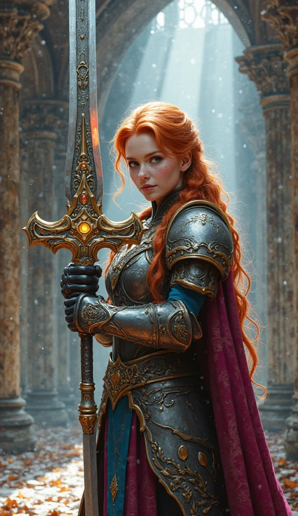 (best quality,4k,8k,highres,masterpiece:1.2),ultra-detailed, 1woman, Irish goddess Brigid, Auburn hair, Iron armor over druid robes, forging a sword, determined eyes, drawn in the style of Yoshitaka Amano, sks woman, HDR, 8k, absurdres, cinestill 800, sharp focus, add_detail:2