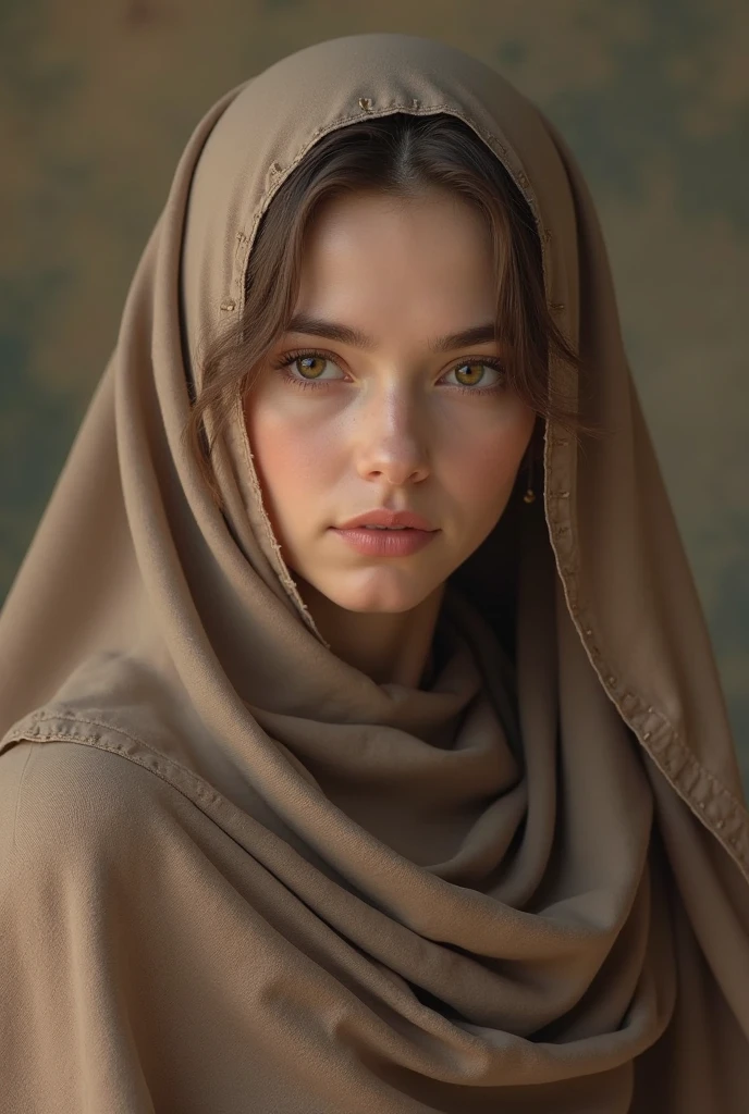 Taking a picture of someone, A girl from , 1.45 meters tall, gentle face with European features, plain face, wearing a hijab, Very beautiful, wearing a long-sleeved robe