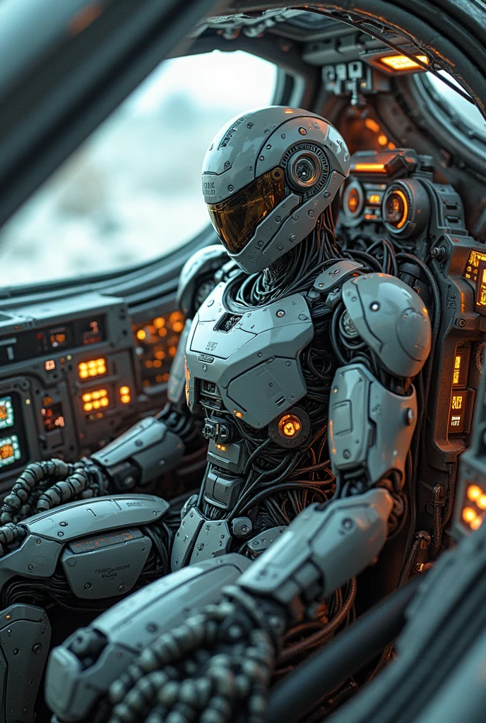 skeleton, (far shot), masterpiece, best quality, (solo), ((skull)), look sideways, dim light, cables and tubes connected to the head, (orange astronaut suit), (science_fiction), spaceship cockpit, universe, neon lights, cyberpunk, far shot, side view, skull helmet, far shot, space visor ,<lora:epiNoiseoffset_v2:1>