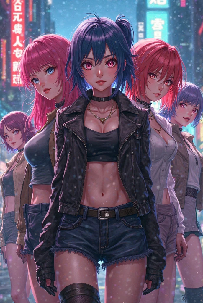 A crowd of women, cyberpunkstyle, facing the front, anime styling, all half-naked 