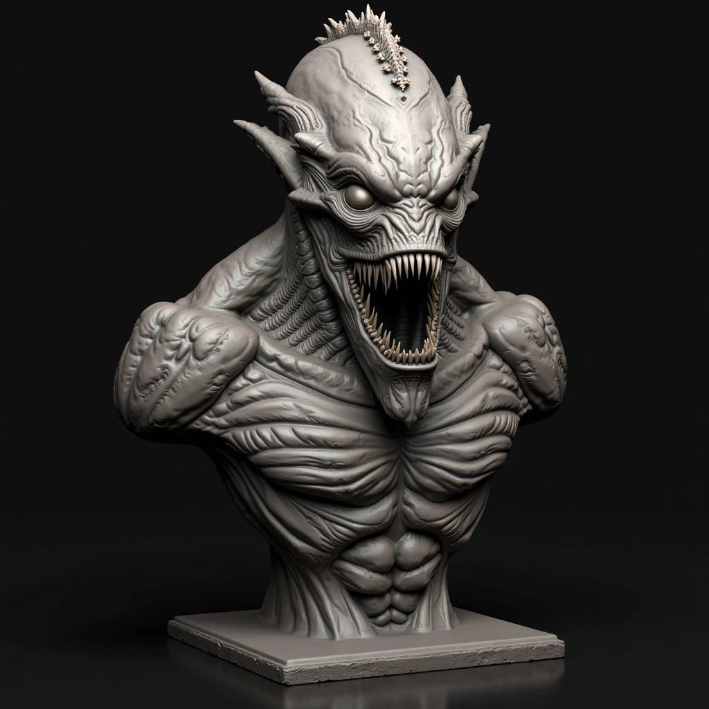 (best quality,4k,8k,highres,masterpiece:1.2),ultra-detailed,(realistic,photorealistic,photo-realistic:1.37),sculpting a detailed close-up of a crustacean monster statue using ZBrush [ZBrush], sculpture medium, intricate features of the face and body, highly detailed torso, semi-biological creature, ZBrush 3D rendering, modeling in ZBrush, rendering in ZBrush, exquisite facial and bodily details, incredibly intricate physique, ZBrush rendering, 3D sculpting, adding details, maintaining the design