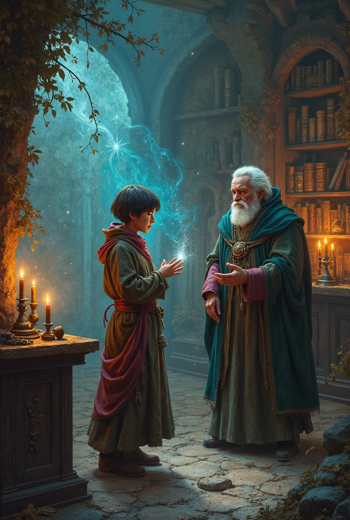 blurred image of a man and a boy in a cave, spellcasting wizard, Tolkien and Michael Komarck, jovem mago, fantasy book illustration, wizard reading a directory, realistic fantasy photography, wizard casting a spell, wizard doing a tarot reading, magic scene, spells magic, Lt. Grzegorz Rutkowski, cave of books, still from a fantasy movie