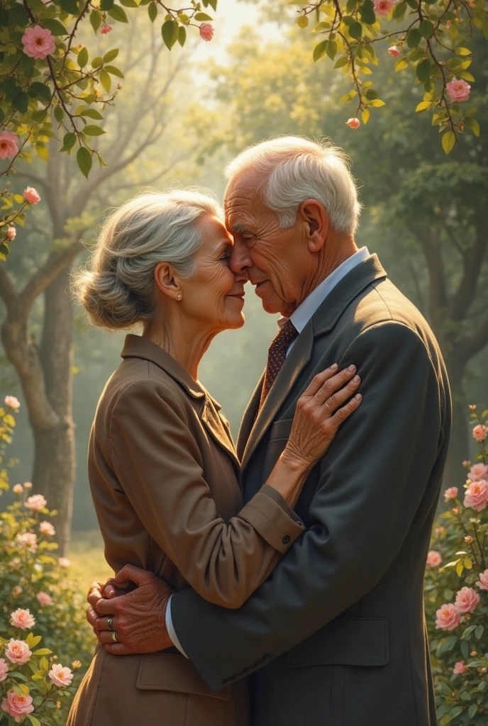 AnalogRedmAF, Vintage Photograph, Elderly Man and Woman Portrait,Smooch, Analog Film, Wearing Time-worn Clothes, 1920s, Soft Lighting, Wrinkled Skin Texture, Simple Background, Rule of Thirds Composition, Visible Grain, Shallow Focus, Amelia Earhar, <lora:AnalogRedmond-AnalogRedmAF:0.8> AnalogRedmAF