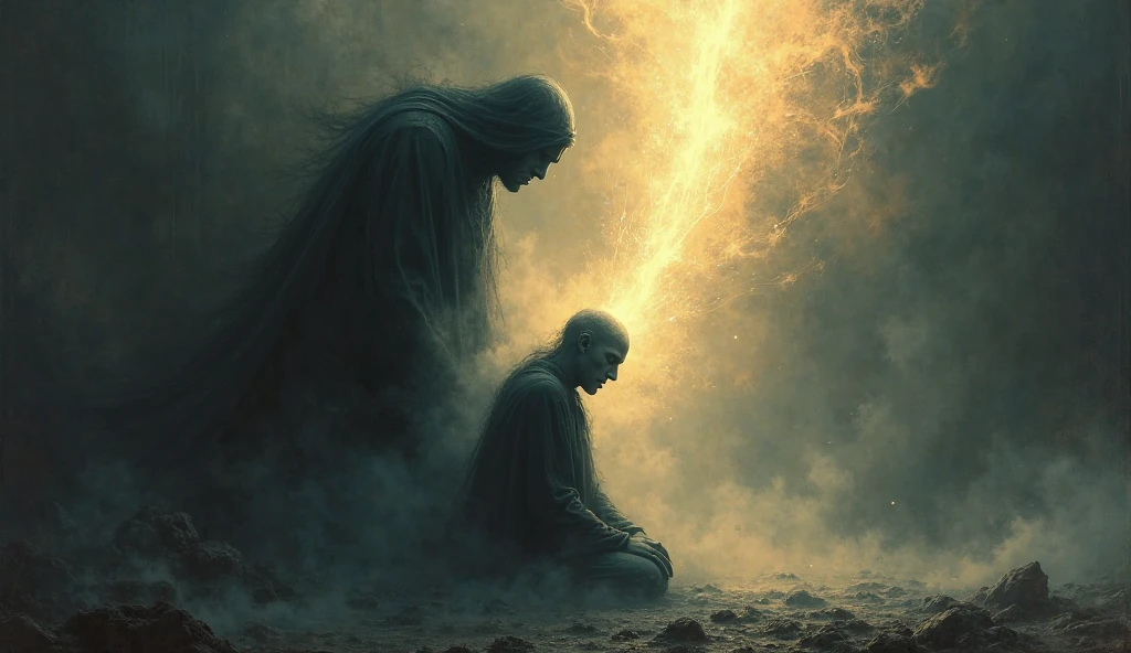A dramatic scene of a dark shadow trying to wrap around a kneeling ...