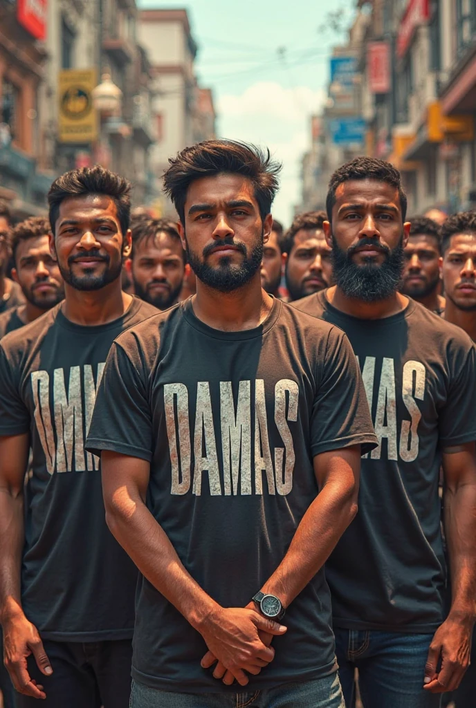 Bodybuilder with thakur printed tshirt with another bodybuilder with yadav printed tshirt  with another bodybuilder with brahman printed tshirt