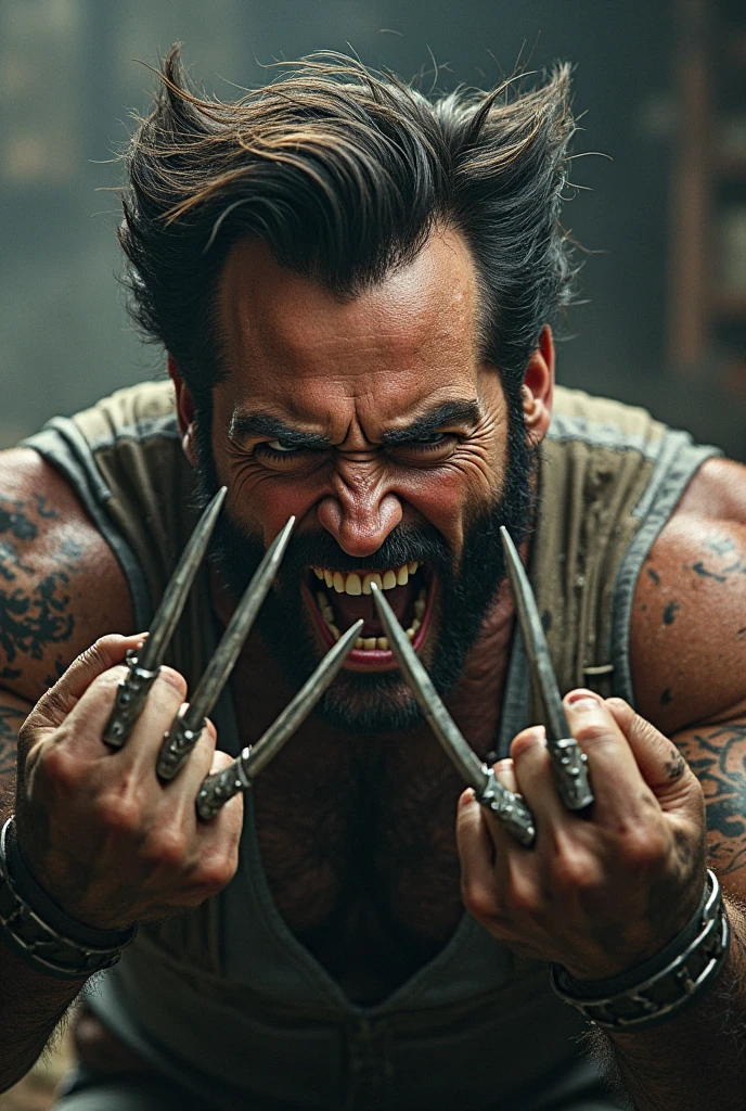 Henry cavill Wolverine with claw white undershirt angry
