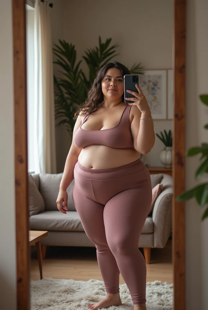 Milf bbw big tits and big fat ass curvy in yoga seductive face sweaty with see through clothes, yoga pants and brazier