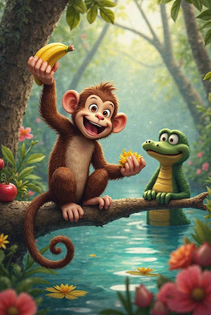 One day, as the monkey was munching on the fruits, he noticed a crocodile resting by the river. The crocodile looked tired and hungry. Feeling sorry for him, the monkey called out, “Hello, Mr. Crocodile! You look hungry. Would you like some of these delicious fruits?”

Crocodile: “Oh yes, I’m very hungry. I haven’t eaten anything all day.”