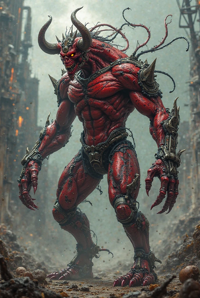 Character description: (1 girl), (cara delevingne:1.25), (beautiful girl face:1.25), (muscular succubus demoness), (carnage skinless physique:1.25), (huge gigantic wings & horns:1.25), (undead skinless succubus:1.25), (covered in red necrotic rotting skinless muscle:1.2???????posed muscular ???????:1.25), (large demonic claws:1.25). Character pose: Standing with legs closed, Arms spread apart, Wings spread out, (Whole body pose), Front View. Character expression: psychotic laughter, sharp teeth, beautiful cute girl face, red eyes, scary and horrific. Scene description: anatomic tech world morph, hellish landscape, Hellraiser like atmosphere. Scene Quality: (8k, RAW photo, photorealistic:1.25).