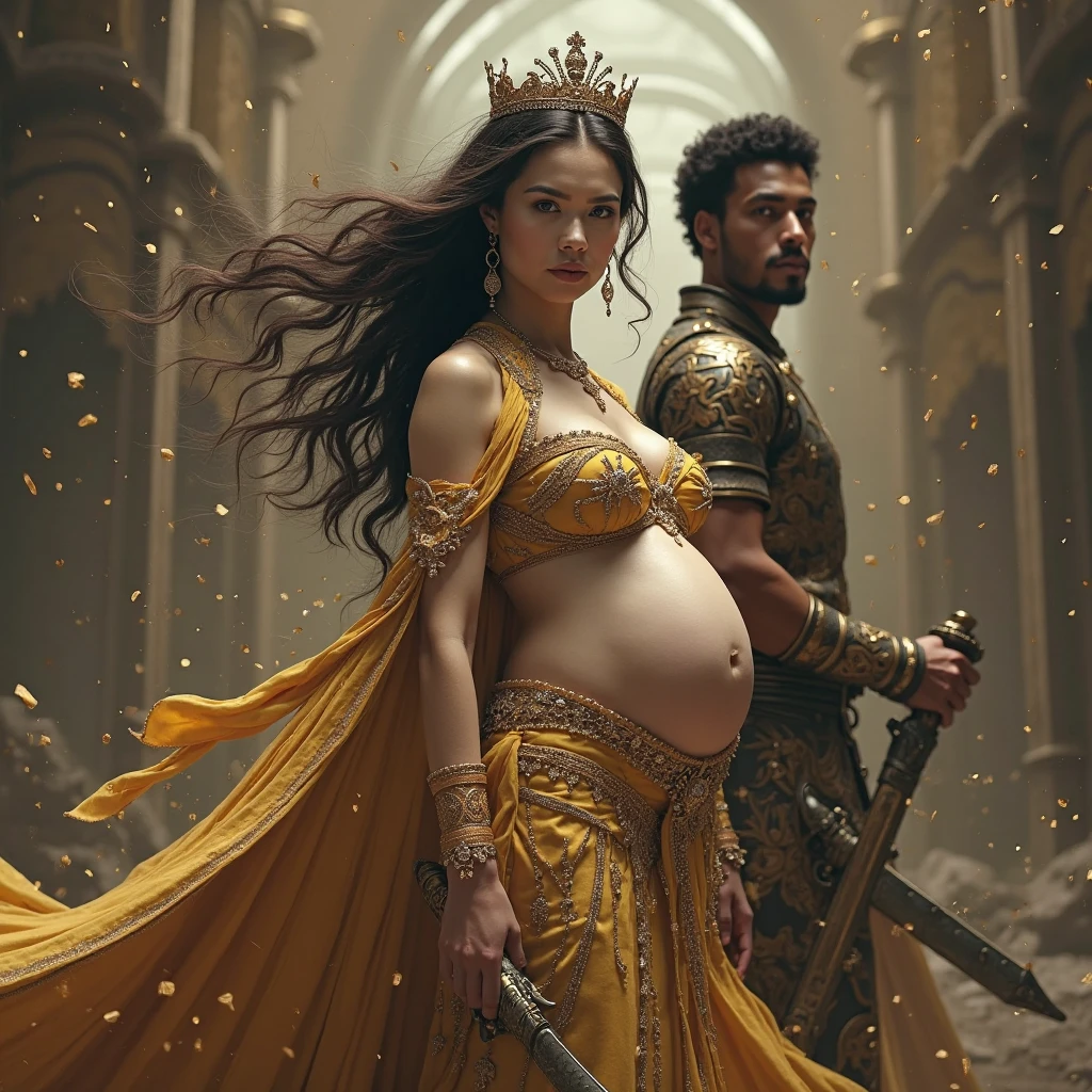 Prompt: A young Devaki, pregnant with her eighth child, stands before her evil brother, Kansa. A menacing aura surrounds Kansa as he clutches a weapon, ready to strike. A prophecy hangs heavy in the air, foretelling the child's fate as the destroyer of Kansa.