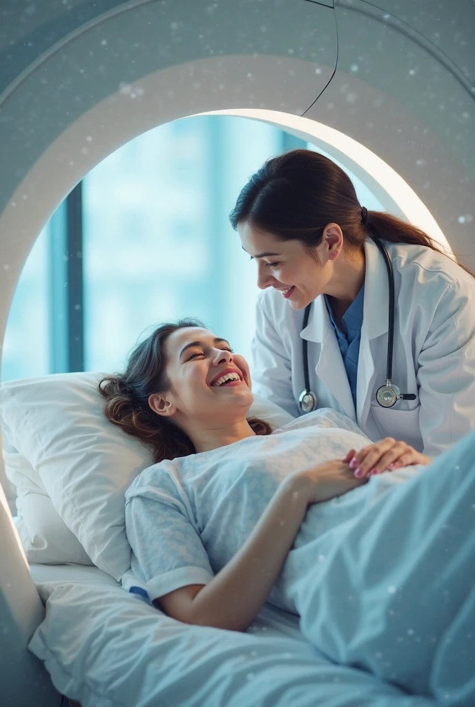 radiology services video, attractive and welcoming man with soft latino features radiology performin an abdominal ultrasound on a woman in her 40s that seems to be satisfied with the service, indoors, soft lighting, realistic, intricate details, soft cold colors