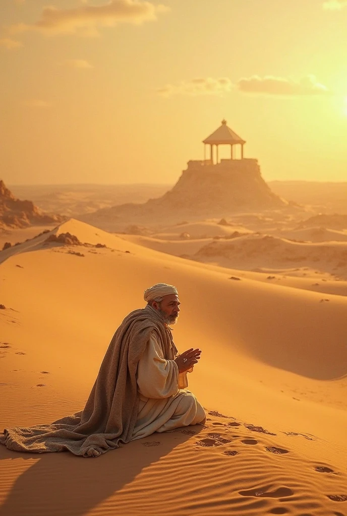 an Arab man kneeling in the sand with his hands on his knees, digitl art by Artur Tarnowski, trends on pixabay, digitl art, holy man looking at the ground, kneeling in prayer, praying to the sun, sua mente contemplando a eternidade, his body buried in the sand, praying meditating, powerful scene, the most beautiful scene