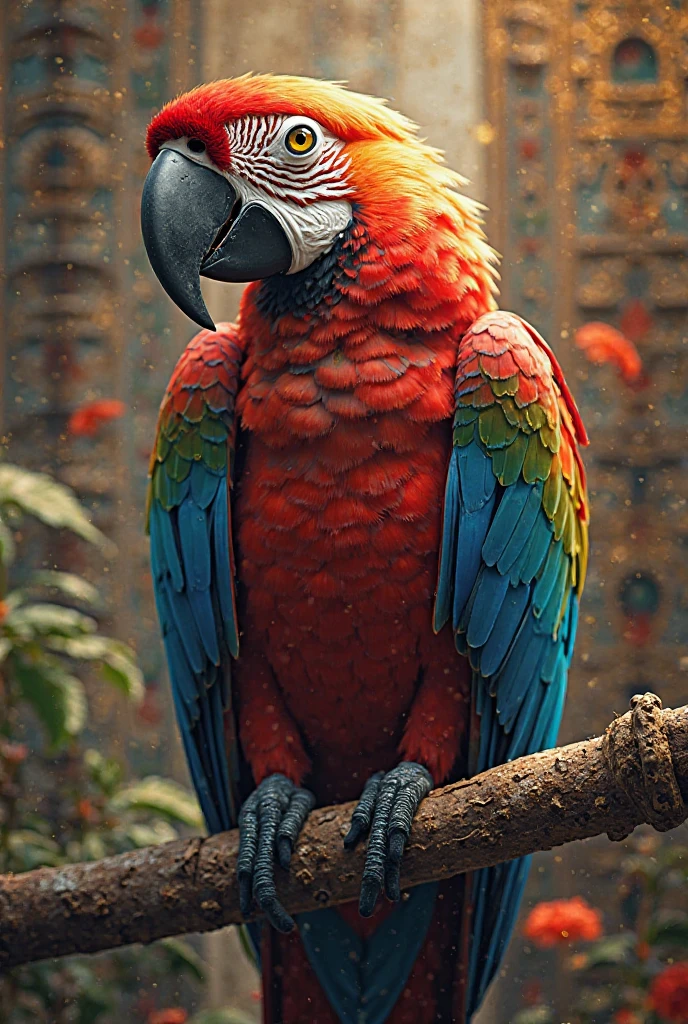 A parrot with bright red feathers appearing against a backdrop of smoky, polluted air.