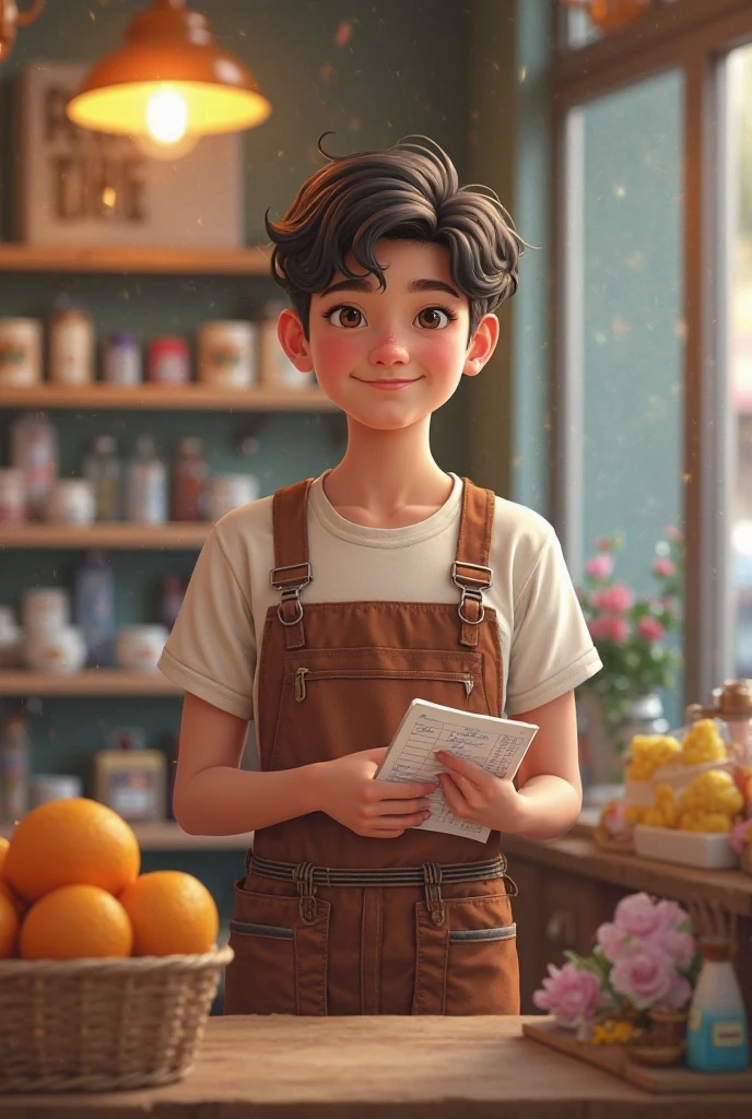 Sixteen years old boy with big, brown and curly hair. He has a yellow flowers crown in his head. He's eyes are orange. he's dressing a yellow cardigan with a blue overall. shy and a little bit sad. He's holding a wine glass. There are some butterflies around him