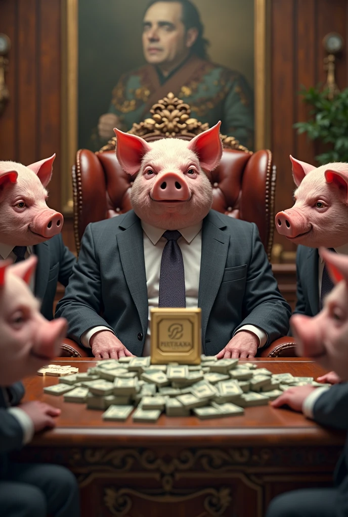 A fat man with a pig mask smoking a cigar in a pool of money, beautiful models laughing and throwing up dollar bills in bikinis