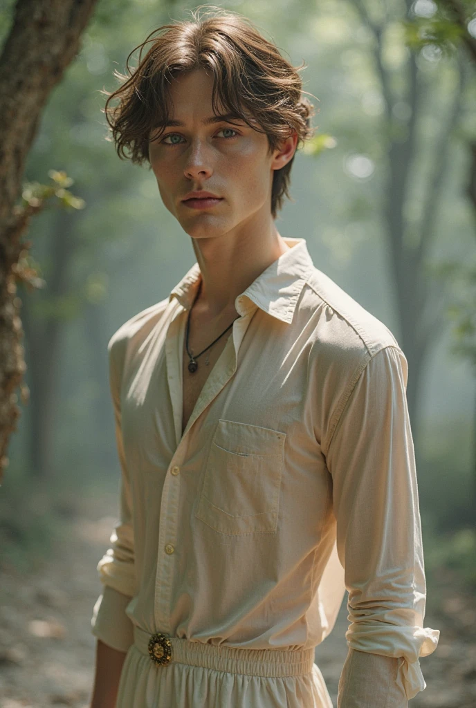 A skinny man in his 20's with European features in a garden, short ginger straight hair, light brown sad eyes, brown skin, freckles all over the face, sad tired face. Dressed in a dirty shirt and brown pants. Very bright colors, Light particles, with light glowing, Mshiff, wallpaper art, UHD wallpaper