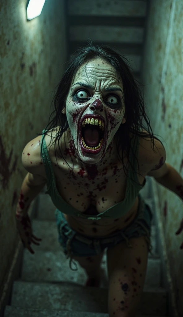 scary,zombie girl,walking dead,(best quality,4k,8k,highres,masterpiece:1.2),ultra-detailed,(realistic,photorealistic,photo-realistic:1.37),dark atmosphere,mysterious lighting,horror genre,creepy,decayed flesh,blood splatters,rotting clothes,sharp teeth,empty eyes,horror movie scene,abandoned street,post-apocalyptic setting,horde of zombies,horror makeup,haunting expression,undead creatures,eerie shadows,ominous atmosphere,disturbing,terrifying,nightmare-inducing,macabre artwork,dark and twisted,horror masterpiece,sinister,ghoulish,evil presence,creepy scenery,horror-themed art,frantic screams,spooky ambiance.