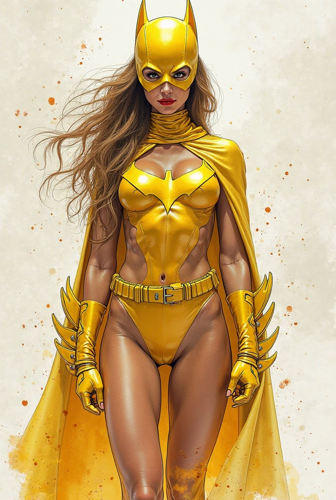 Anime style. Gorgeous blonde haired female. Evil mastermind wearing a full face golden mask and a tight white bodysuit with ornate golden trim designs. Fighting and killing a costumed hero, explosions, blood everywhere, bodies lying in the streets. 