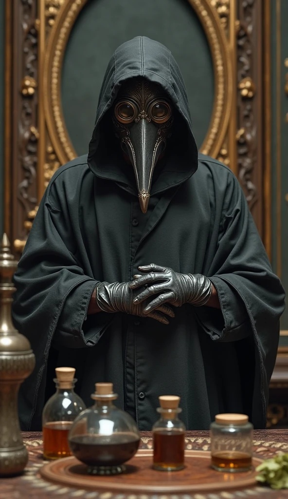 Male Plague doctor sitting in chair with legs spread with a bulge