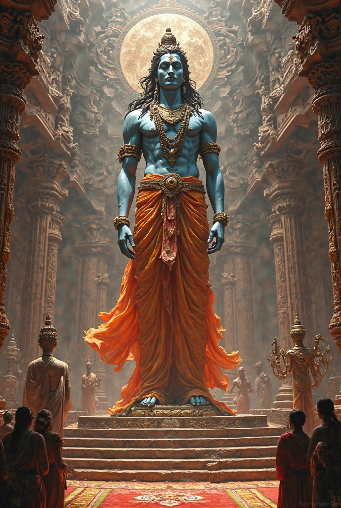 A warrior bowing down to a huge idol of Krishna god