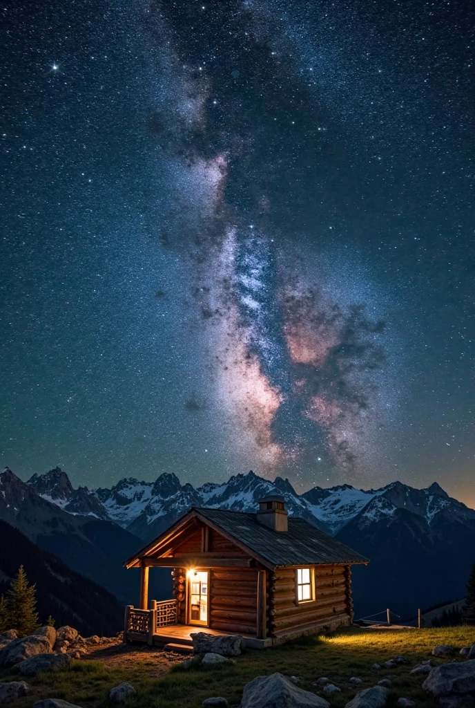 3. "A long-exposure capture of the Milky Way over a remote mountain cabin, stars appearing as radiant trails across the night sky. Shot with a 14mm wide-angle lens (f/2.8) for astrophotography clarity. 16:9 frame."
