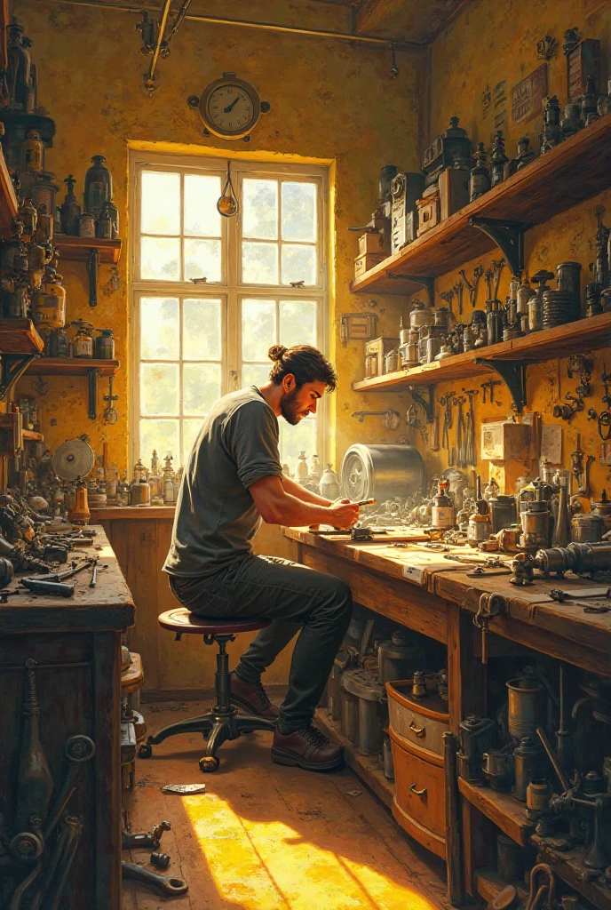 A person working in a makeshift workshop.