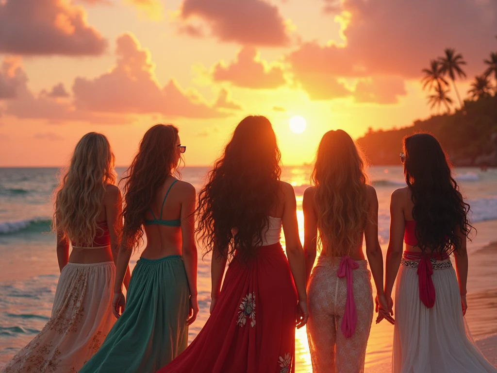 A photo of the backs of 4 girlfriends taken at the beach