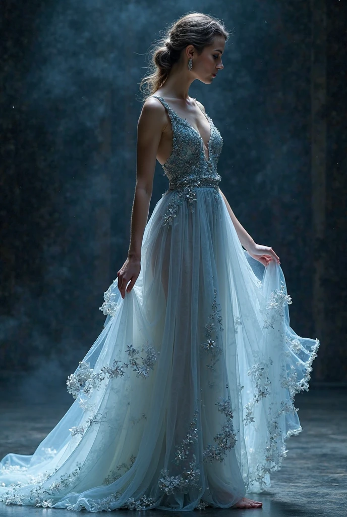 arafed woman in a dress standing in front of a window, half-turned lady in evening gown, flowing gown, wearing a flowing dress, mysterious woman, haunting beautiful young woman, wearing a white flowing dress, flowing dress, woman in dress, extremely moody blue lighting, miss aniela, standing in a dimly lit room, wearing a magnificent dress