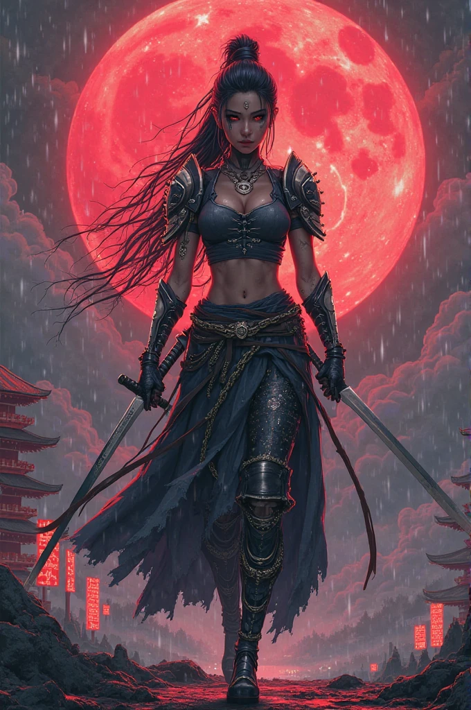 dark temple, blood flows, samurai, goblin mouth mask, black eyes, long katana, The energy of a dragon appears, black long straight hair, goblin armor, Arms stretched out, I have a sphere of blood in my hand., Adult Female,best quality, high resolution, very detailed, Korean woman, No wrinkles, kpop idol, sword drawn