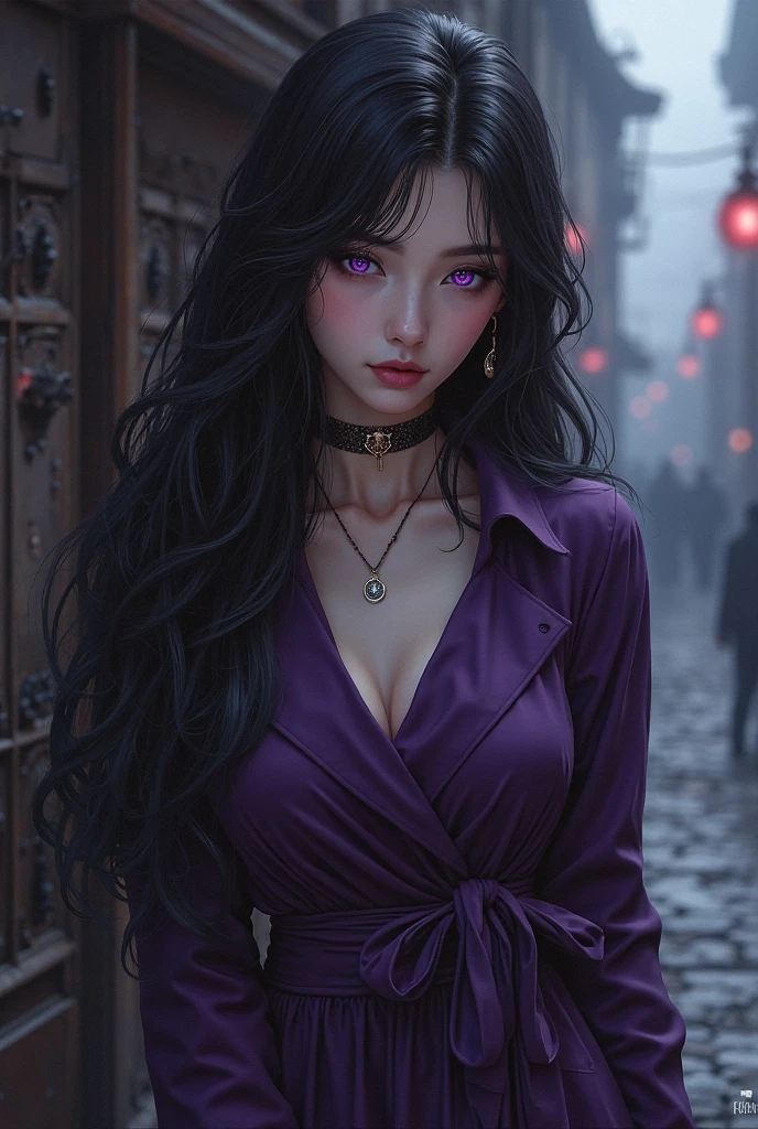 Woman walking head-on down a road at night, with fog and shadows, wavy and long black hair, detailed hand and fingers, high quality, ultra-detailed, 8k, masterpiece, (volumetric lighting), black magic, fanciful, lilac colors, purple, black and vivid shadows on the woman's return. --auto --s2