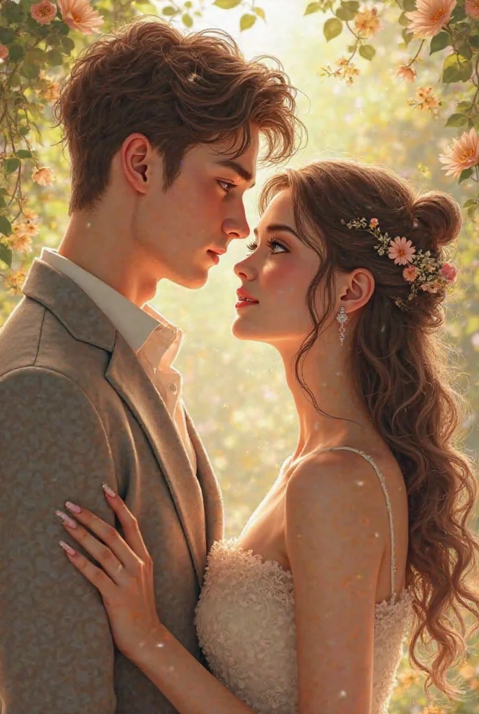 (1boy:0.988), (1girl:0.992), woman princess and male prince, (aqua_dress:0.838), (blurry:0.999), (blurry_background:0.982), (blurry_foreground:0.992), (depth_of_field:0.997), (dress:0.797), (flower:0.996), (green_dress:0.738), (hair_flower:0.935), (hair_ornament:0.944), (jewelry:0.818), (light_particles:0.662), (long_hair:0.906), (necklace:0.652), (outdoors:0.508), (red_hair:0.799), (white_flower:0.755)